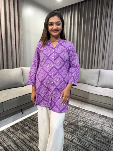 Purple Pure Cotton Bandhani Printed A-line Tunic