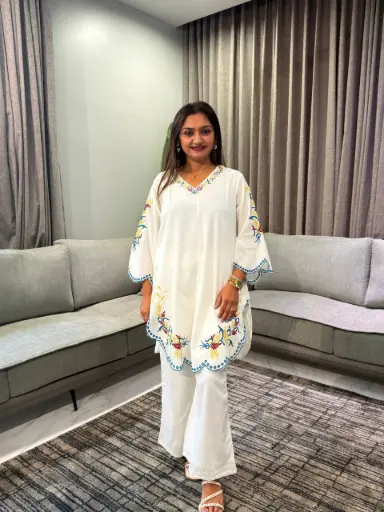 [1869] Ivory Bloom Embroidered Mull Cotton Co-ord Set