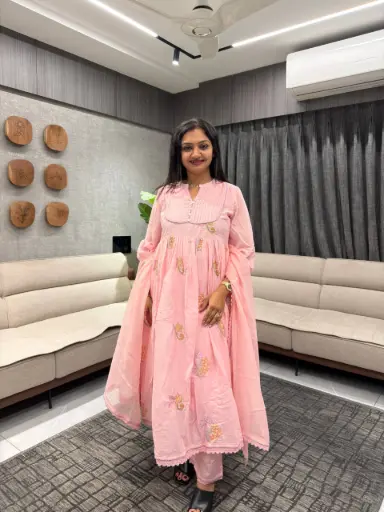 Baby Pink Mull Cotton Embroidered Suit Set