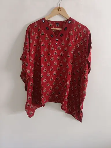 Crimson Ajrakh Mirror Kaftan Top