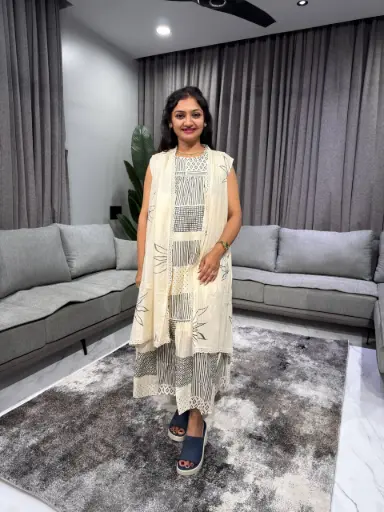 Ivory Geometric Layered Cotton Dress Set