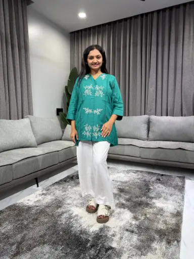 Teal Floral Embroidered Premium Flex Cotton Top