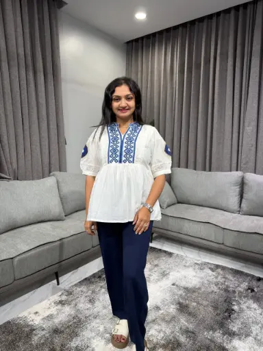 White & Royal Blue Embroidered Mull Mull Cotton Top