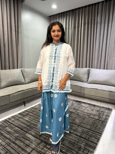 White & Royal Blue Embroidered Mull Cotton Co-Ord Set