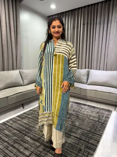 Olive Sapphire Striped Crepe Kurta Set