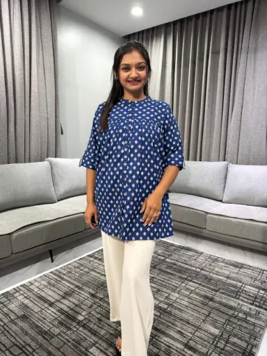 Navy Blue Pure Cotton Ikkat Printed A-Line Top