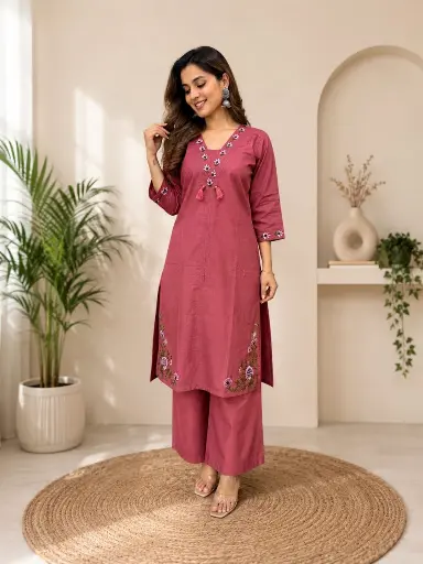 Rosewood Bloom Flex Cotton Kurta Palazzo Set