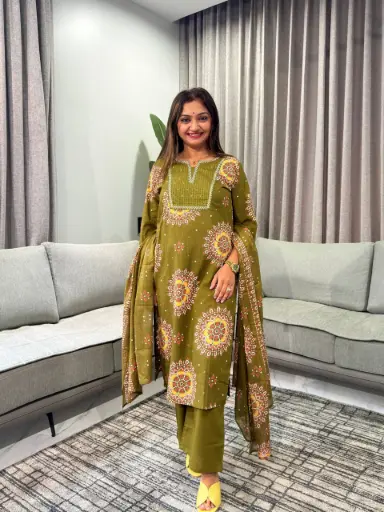 [2203] Olive Aura Pure Cotton 3-Piece Suit Set