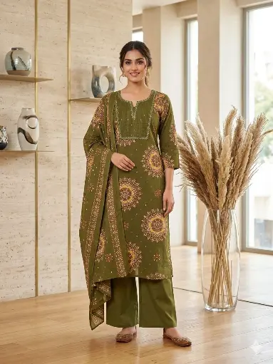 Olive Aura Pure Cotton 3-Piece Suit Set