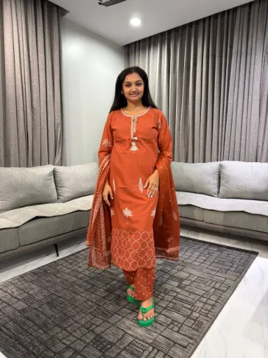 Rust Terracotta Embroidered Kurta Set with Dupatta