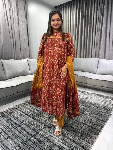 Maroon Mustard Ikat Cotton Suit Set