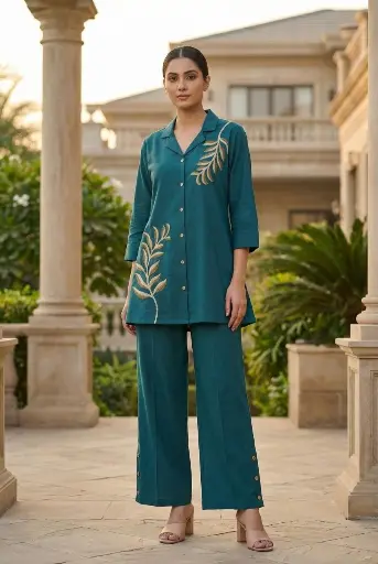 Teal Leaf Embroidered Co-Ord Set