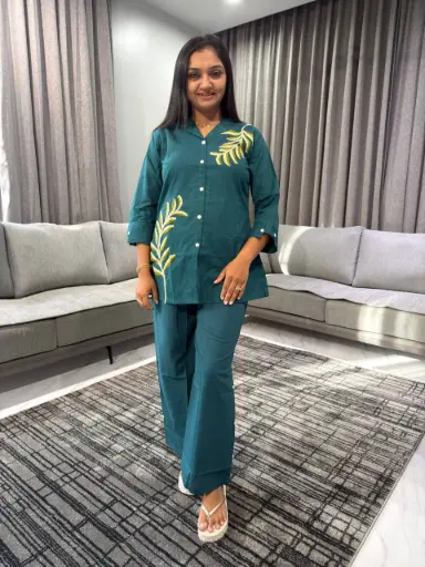 Teal Leaf Embroidered Co-Ord Set