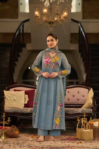 Mist Blue Floral Embroidered Crush Cotton 3-Piece Suit Set