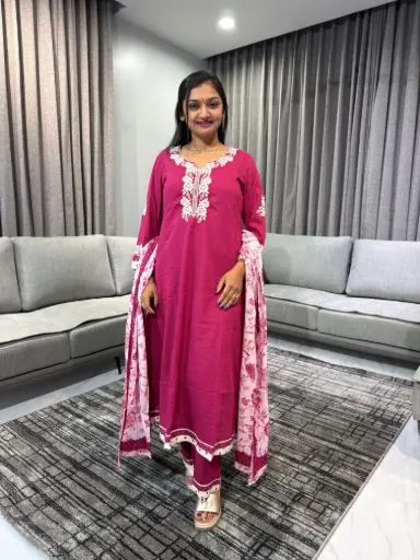 Fuchsia Bloom Mull Cotton 3-Piece Suit Set