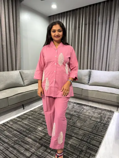 Blush Leaf Embroidered Cotton Co-Ord Set
