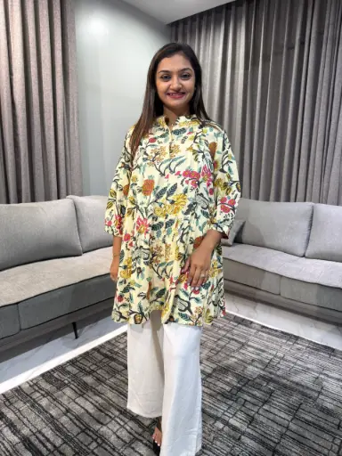 Beige Pure Cotton Floral Printed A-Line Tunic