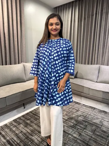 Blue Pure Cotton Printed A-line Tunic