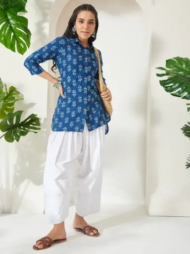 Indigo Pure Cotton Floral Printed Shirt Style Top
