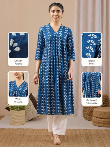 Blue Pure Cotton Ethnic Motifs Printed Gathered Kurta