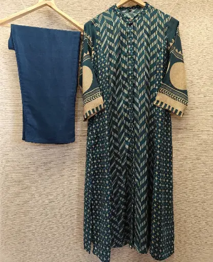 Teal Chevron Muslin Kurta Set