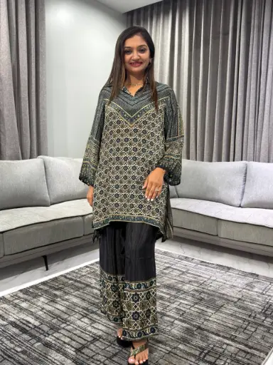 Charcoal & Olive Ajrakh Natural Crepe Coord Set