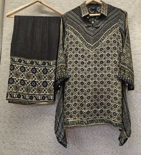 Charcoal & Olive Ajrakh Natural Crepe Coord Set