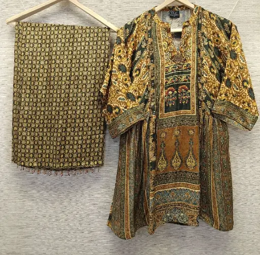 Vintage Ochre & Olive Ajrakh Natural Crepe Coord Set