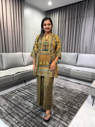 Vintage Ochre & Olive Ajrakh Natural Crepe Coord Set