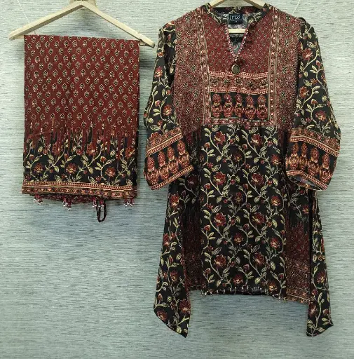 Crimson & Charcoal Heritage Floral Natural Crepe Coord Set