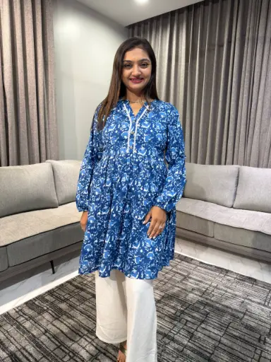 Indigo Pure Cotton Floral Printed A-Line Tunic