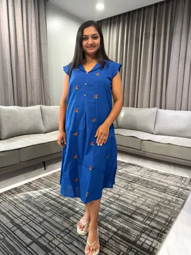 Royal Blue Floral Embroidered Cotton Dress