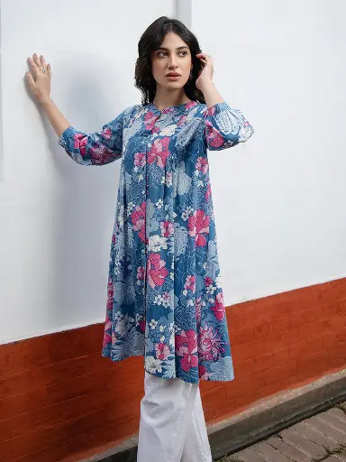 Blue Cotton Floral A-Line Tunic