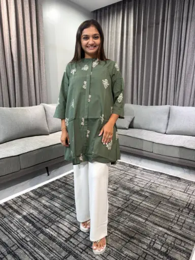 Olive Bloom Printed Cotton Tunic