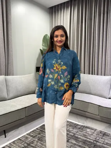 Ocean Bloom Muslin Silk Shirt Top