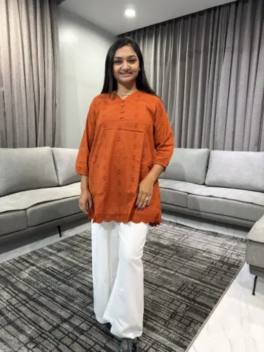 [2345] Rust Orange Pure Cotton Embroidered Tunic 