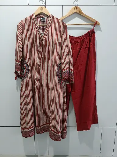 [2346] Ruby Stripe Viscose Muslin Kurta Palazzo Set 