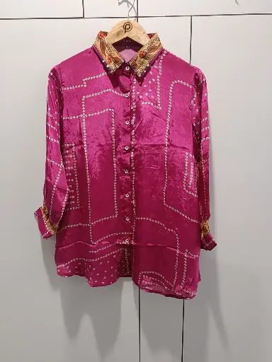 [2348] Fuchsia Geometric Natural Crepe Designer Shirt