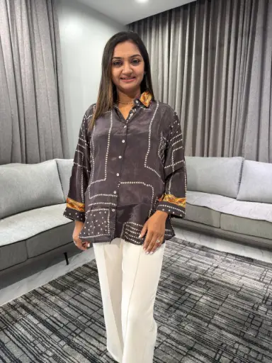 [2356] Smoky Taupe Natural Crepe Designer Shirt