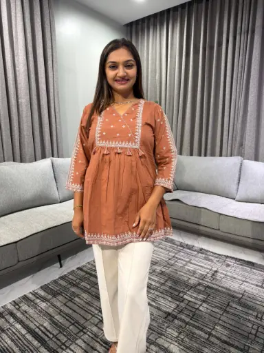 [2367] Terra Rust Embroidered Pure Cotton Tunic