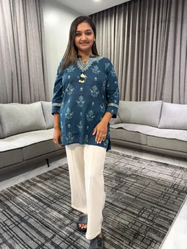 [2376] Teal Bloom Pure Cotton Tunic
