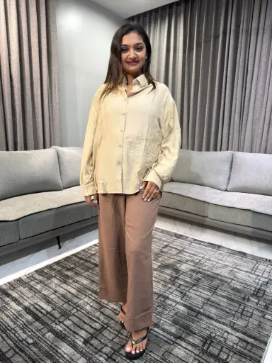 [2386] Sandstone Bloom Oversized Linen Shirt