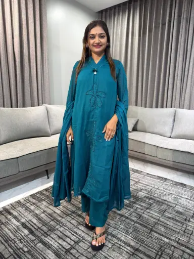 [2399] Teal Blossom Pure Cotton 3-Piece Suit Set