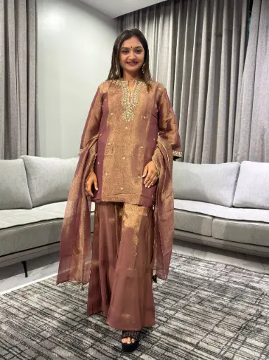 [2403] Brown Tissue Blend Hand Embroidered Kurta Set