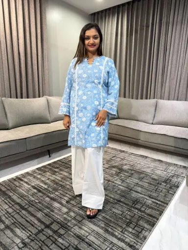 [2404] Sky Blue Floral Printed Pure Cotton Kurta with Salwar