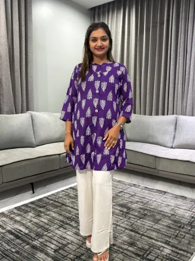 [2408] Violet Leaf Pure Cotton Printed Tunic