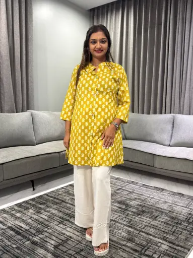 [2409] Mustard Bloom Pure Cotton Printed Tunic