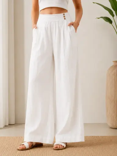 [2416] Classic White Imported Linen Wide Leg Palazzo