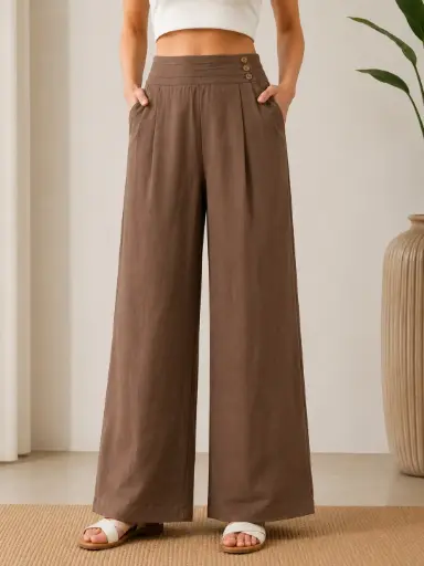 [2418] Mocha Brown Imported Linen Wide Leg Palazzo