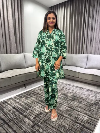 [2430] Green Pure Cotton Floral Printed A-line Co-ord Set